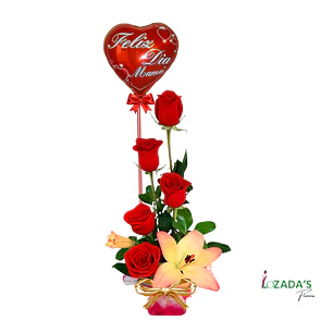Feliz Día Mamá - Arreglo de 6 Rosas 1 Flor de Lilium + Globo