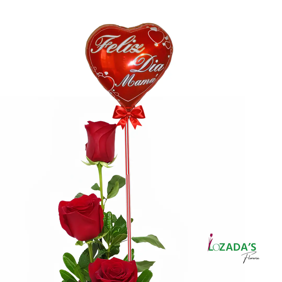 Feliz Día Mamá - Arreglo de 3 Rosas Rojas + Globo 2