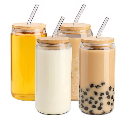 Vaso de vidrio con Tapa de Bambú y bombilla 