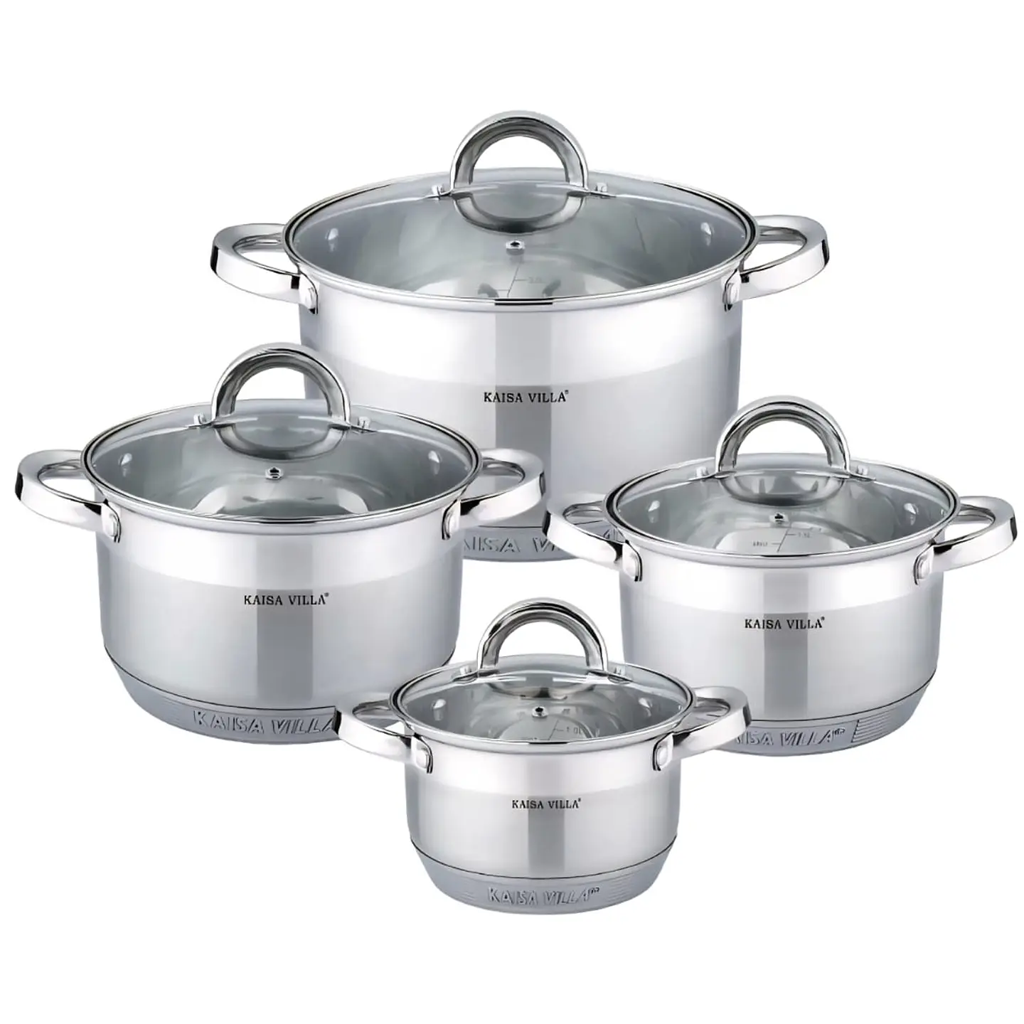 Set de 4 ollas de acero inoxidable Kaisa Villa con tapas de vidrio templado 1