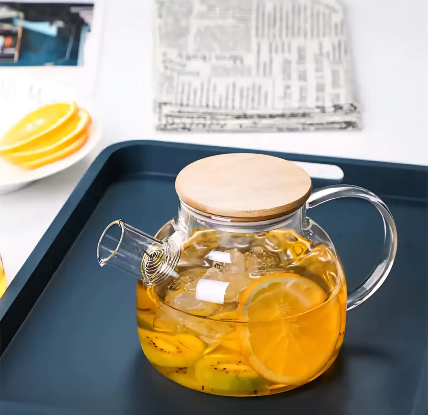 Tetera de vidrio borosilicato con tapa de bambú 2