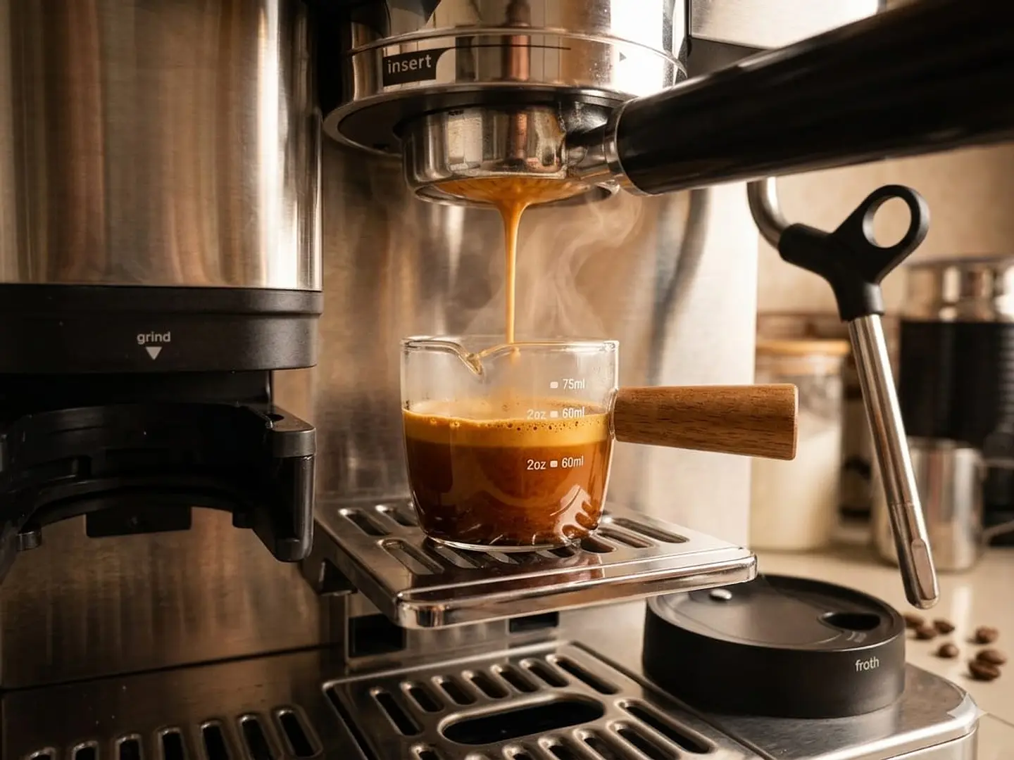 Taza medidora de café con mango de madera 75 ml 2