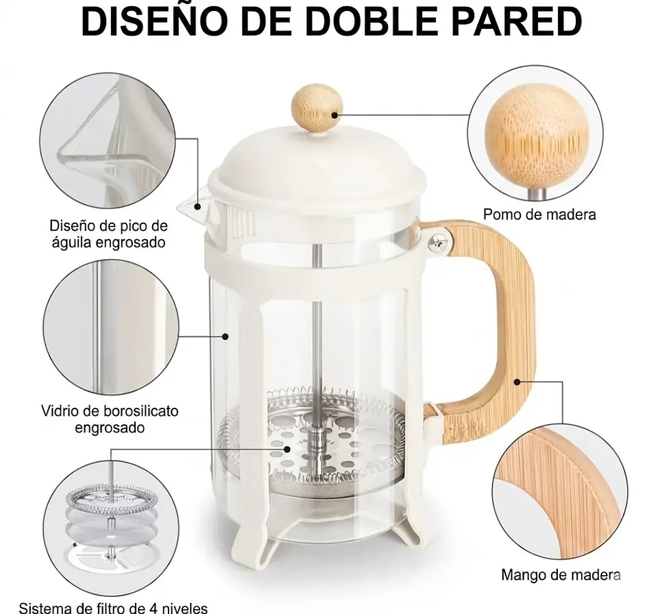Prensa Francesa Blanco Marfil con Madera 800 ml - 350 ml 3