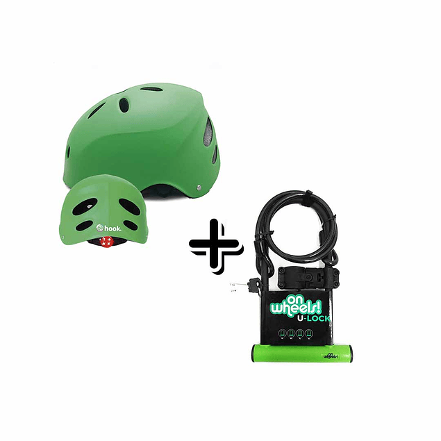 CASCO STREET HOOK CON LUZ VERDE TALLA M(54-57)+U-LOCK OW LARGO CON PIOLA Y SOPORTE - VERDE