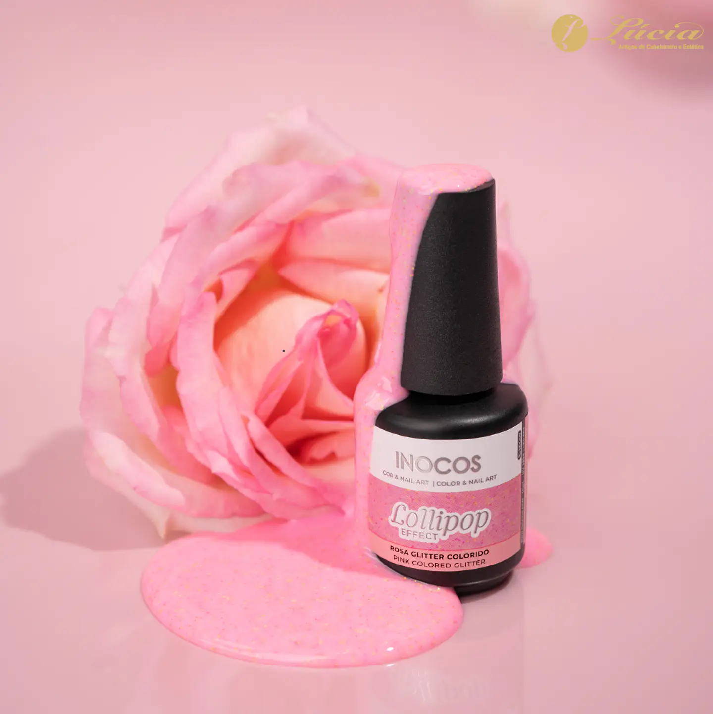 Inocos Verniz Gel Efeito Lollipop Rosa Glitter Colorido 3