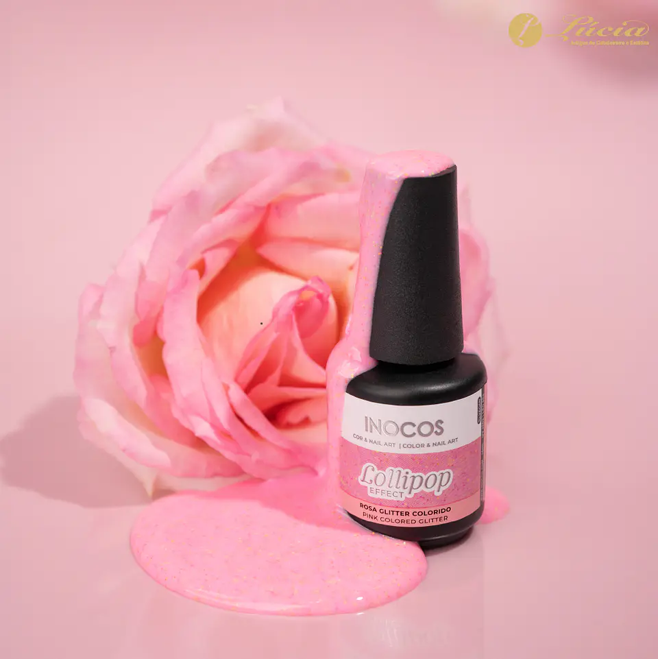 Inocos Verniz Gel Efeito Lollipop Rosa Glitter Colorido 3