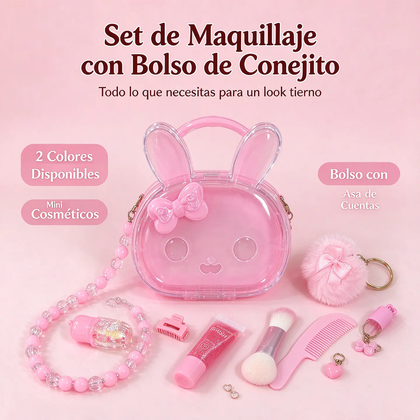 Kit Maquillaje Infantil Y Juvenil Bolso Conejito Con Accesorios 1