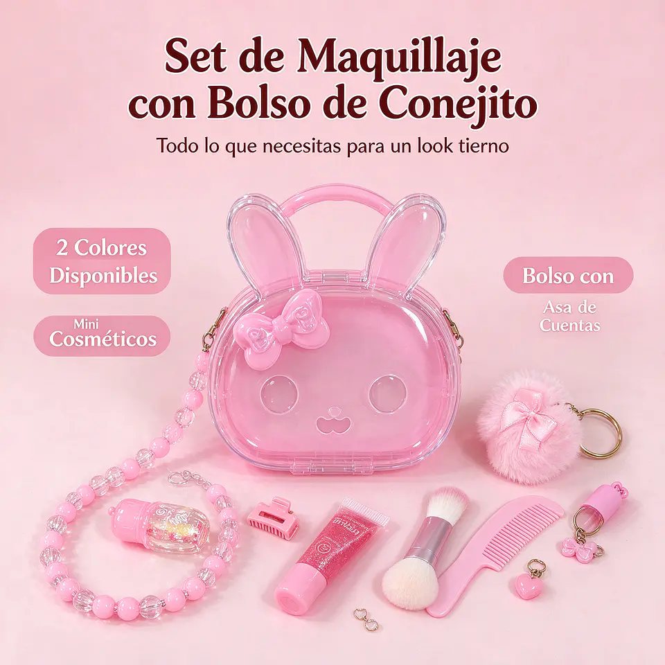Kit Maquillaje Infantil Y Juvenil Bolso Conejito Con Accesorios 1