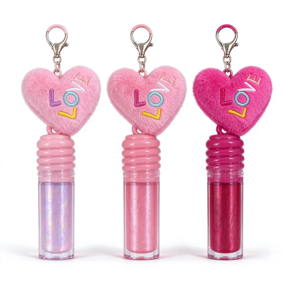 Brillo Labial con Llavero de Corazón Peludo 