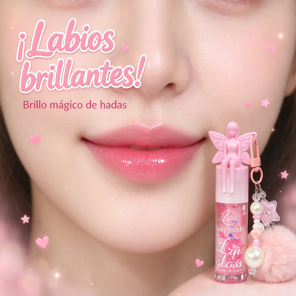 Brillo Labial Mágico de Hada con Colgante de Peluche y Perlas - Lip Gloss con Destellos (3 Tonos) 2