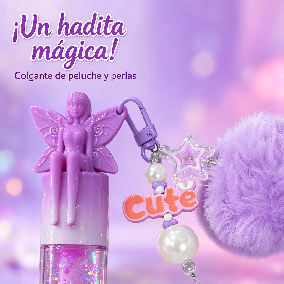 Brillo Labial Mágico de Hada con Colgante de Peluche y Perlas - Lip Gloss con Destellos (3 Tonos) 3