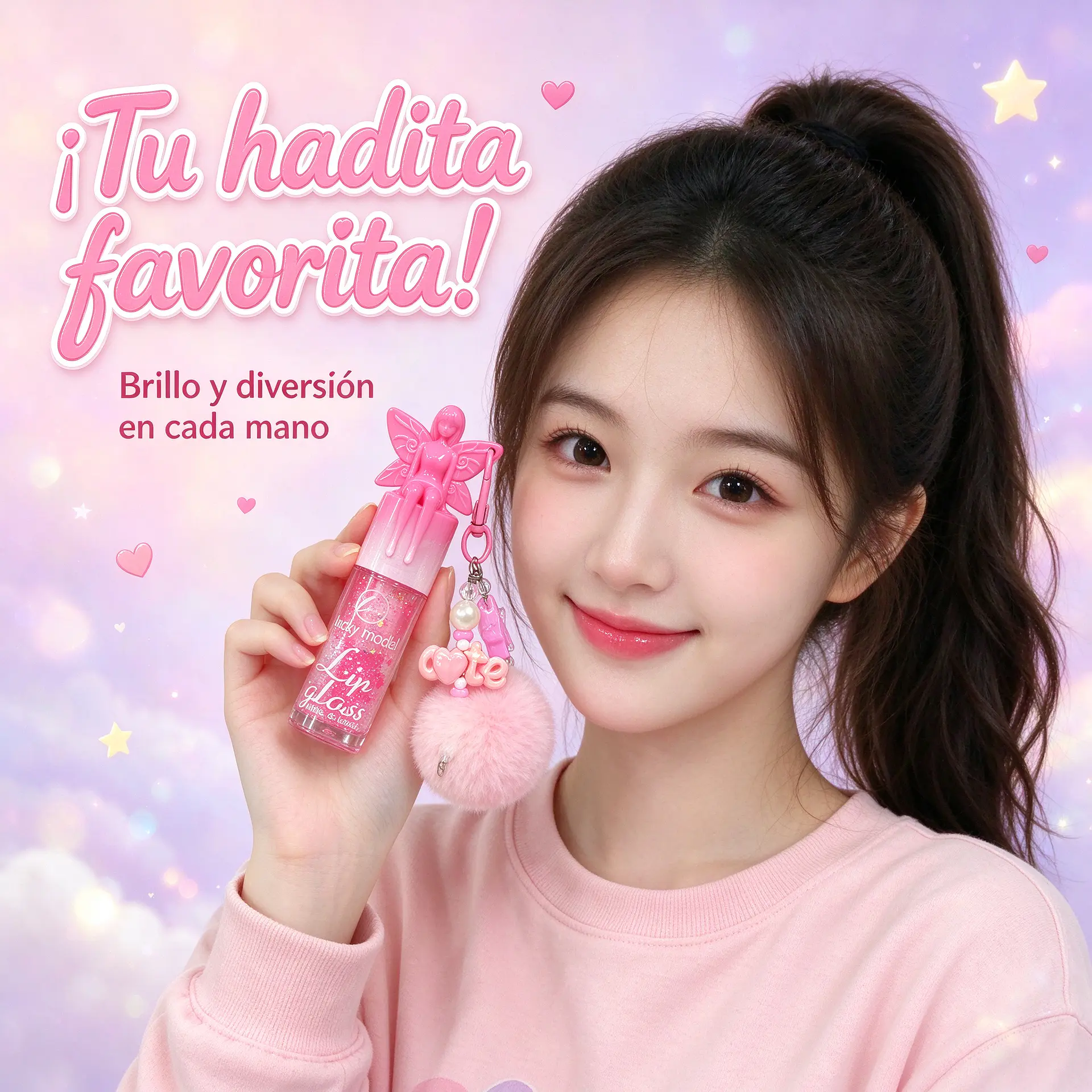 Brillo Labial Mágico de Hada con Colgante de Peluche y Perlas - Lip Gloss con Destellos (3 Tonos) 4