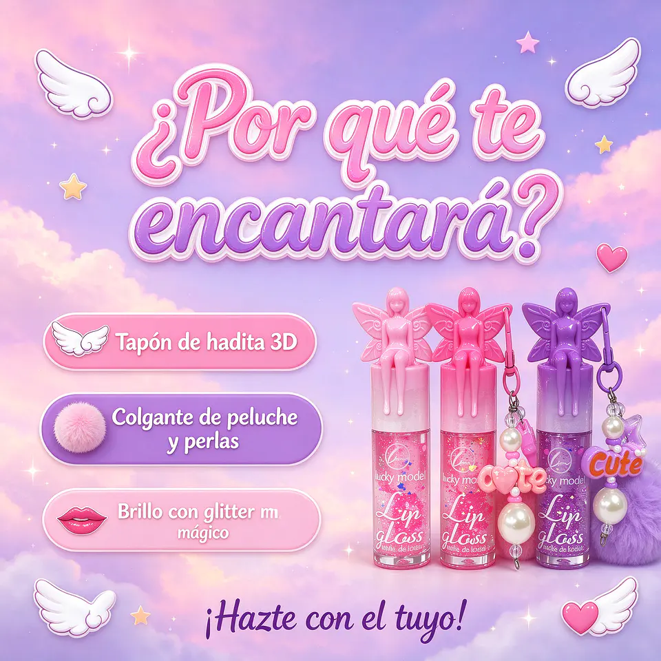 Brillo Labial Mágico de Hada con Colgante de Peluche y Perlas - Lip Gloss con Destellos (3 Tonos) 5