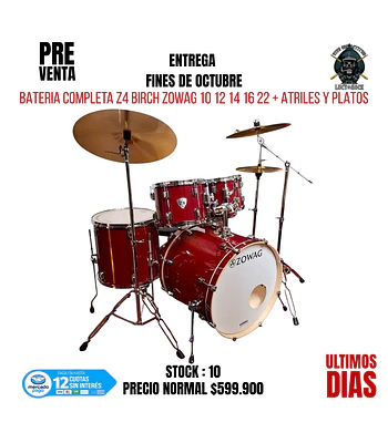 BATERIA COMPLETA Z4 BIRCH ZOWAG CHERRY RED 10 12 14 16 22