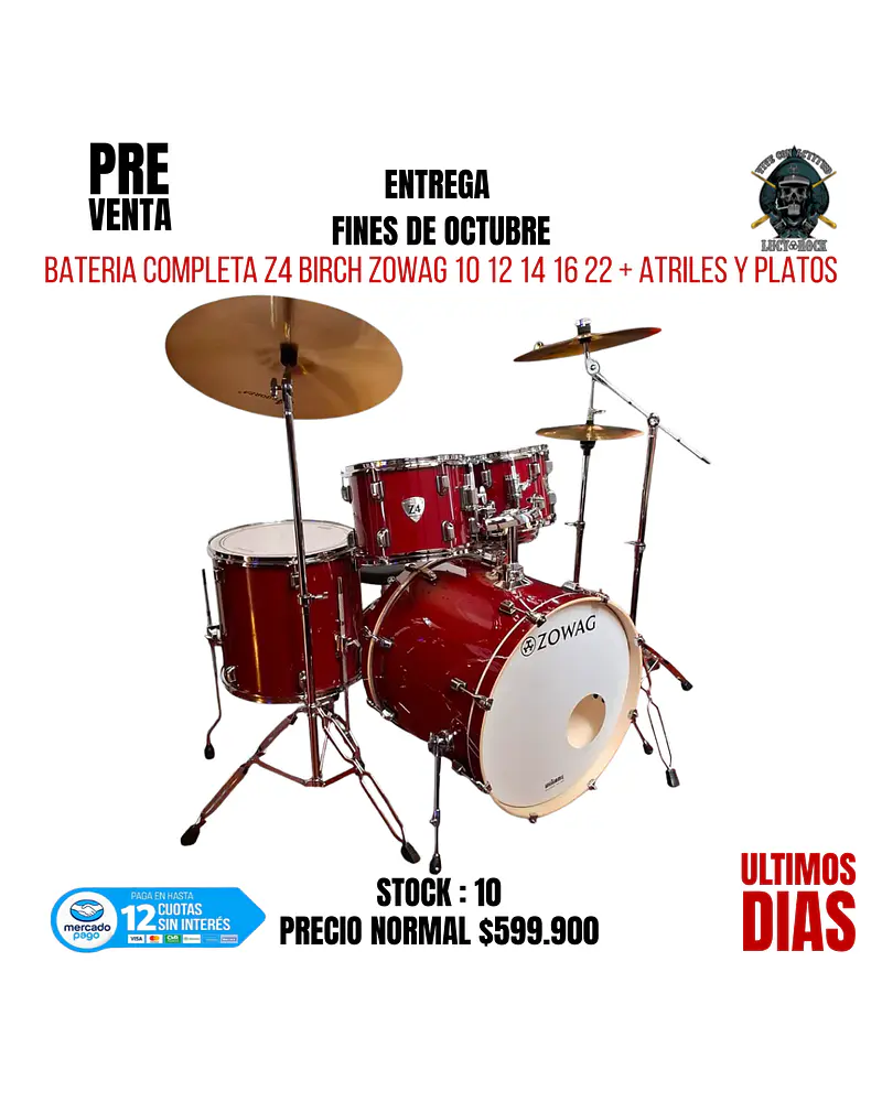 BATERIA COMPLETA Z4 BIRCH ZOWAG CHERRY RED 10 12 14 16 22