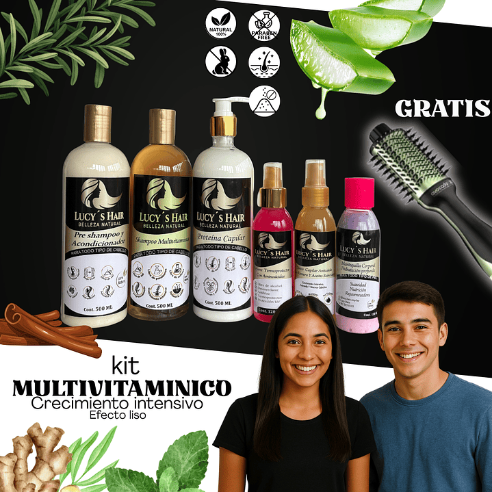 RUTINA  CAPILAR COMPLETA X 500 ML Multivitaminico Efecto Liso /crecimiento intensivo CEPILLO SECADOR GRATIS 2