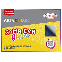 ARTEL ARTECOLOR - ESTUCHE GOMA EVA GLITTER CON ADHESIVO 6 PLIEGOS, 6 COLORES