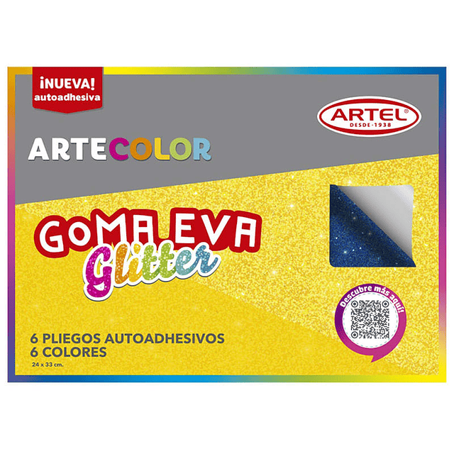 ARTEL ARTECOLOR - ESTUCHE GOMA EVA GLITTER CON ADHESIVO 6 PLIEGOS, 6 COLORES