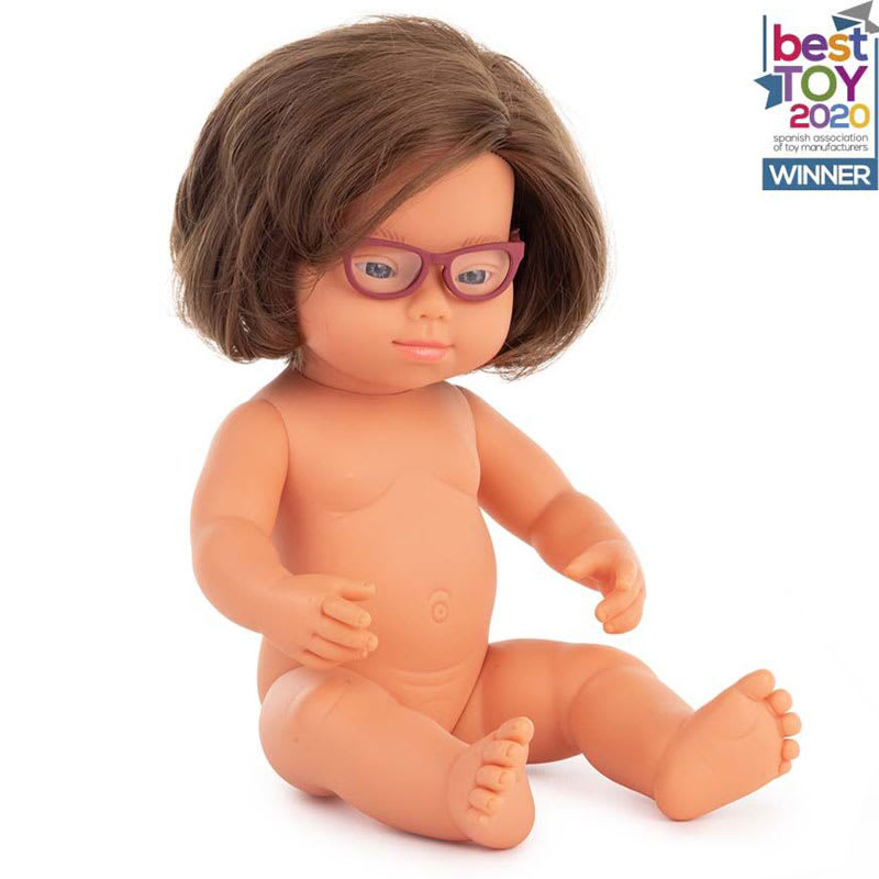 MUÑECA BEBÉ CAUCÁSICA SÍNDROME DOWN CON GAFAS 38CM (SIN ROPA)