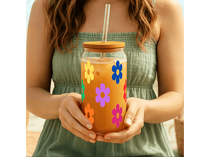 Flower Power Sipper Glass, 16oz - Floral Drinkware for Summer Parties, Eco-friendly Beverage Tumbler, Gift for Garden Lovers.
