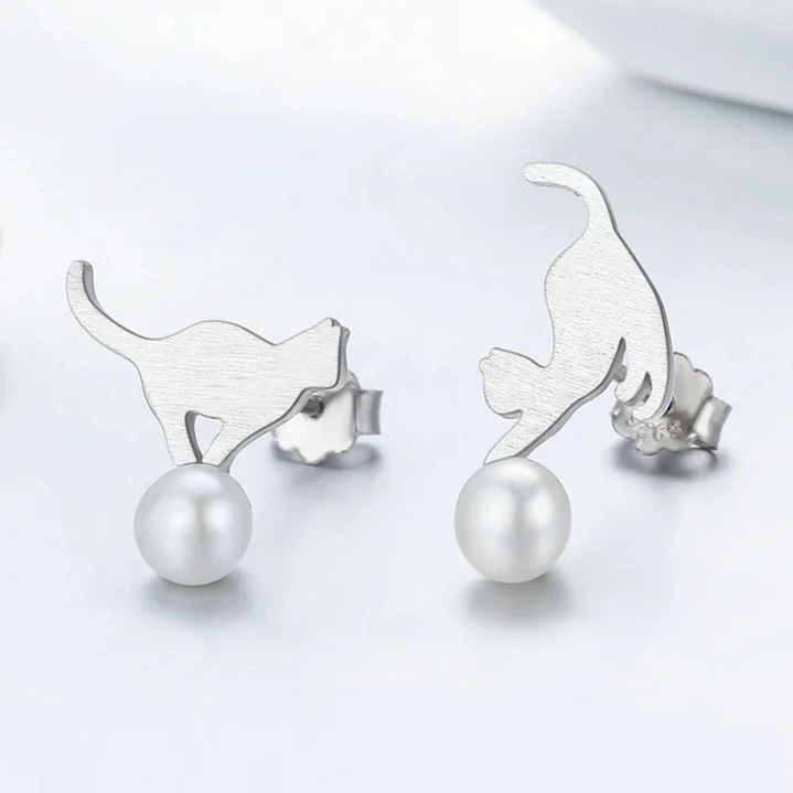Aros Gato con Perla en Plata 925 2