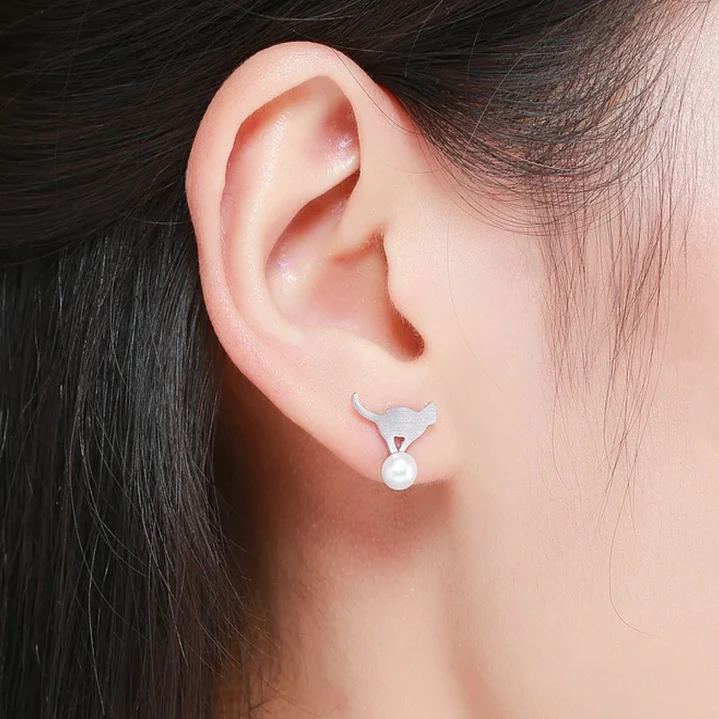 Aros Gato con Perla en Plata 925 3