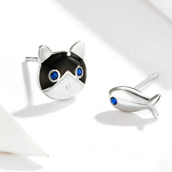 Aros Desiguales Gato y Pez en Plata 925 2