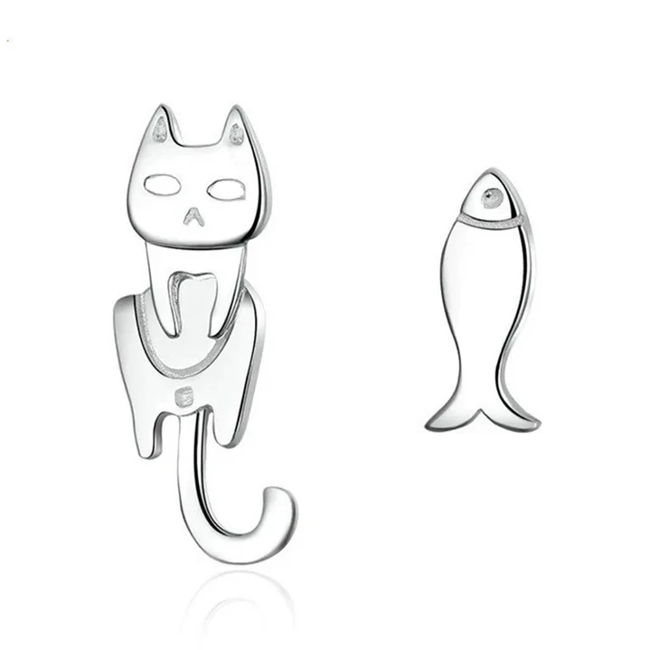Aros Asimétricos Gato y Pez en Plata 925 1