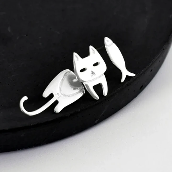 Aros Asimétricos Gato y Pez en Plata 925 2