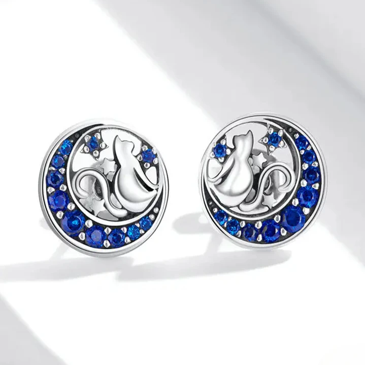 Aros Gato con Luna en Plata 925 2