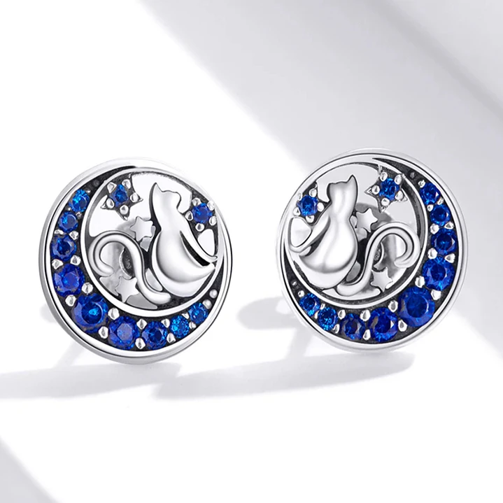 Aros Gato con Luna en Plata 925 3