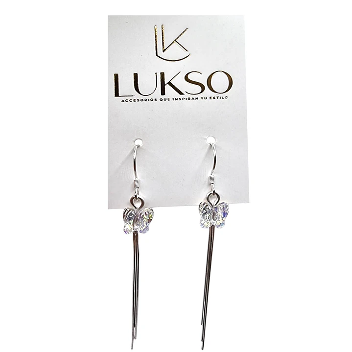 Aros Largos Mariposa Cristal Tornasol en Plata 925  2