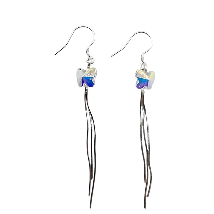 Aros Largos Mariposa Cristal Tornasol en Plata 925  3