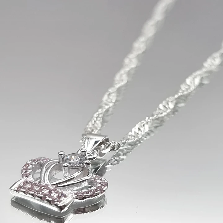 Conjunto Collar y Aros con Corona Circones Rosa en Plata 925  2