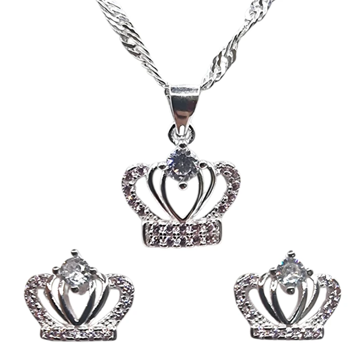 Conjunto Collar y Aros con Corona Circones Rosa en Plata 925  1