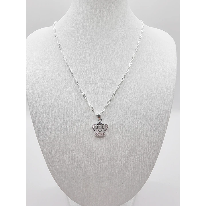 Conjunto Collar y Aros con Corona Circones Rosa en Plata 925  3