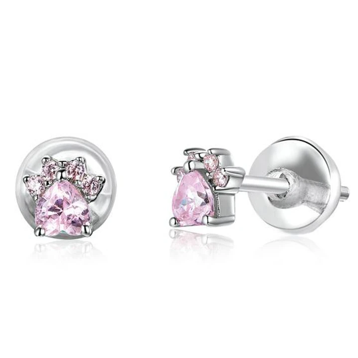 Aros de Plata 925 con Circonita Rosa Huella de Gatito Antialérgicos  1