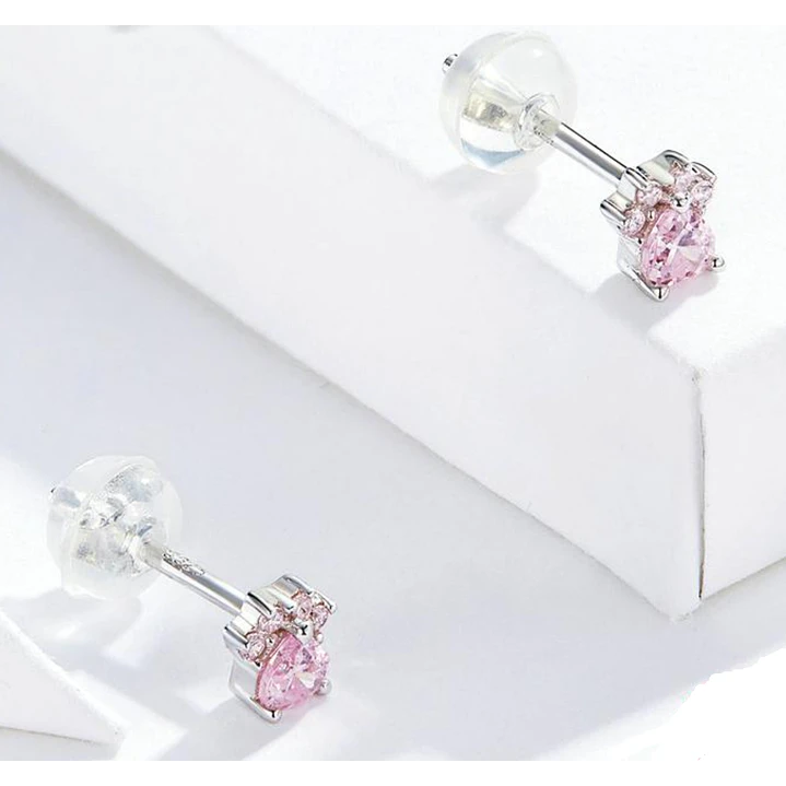 Aros de Plata 925 con Circonita Rosa Huella de Gatito Antialérgicos  2