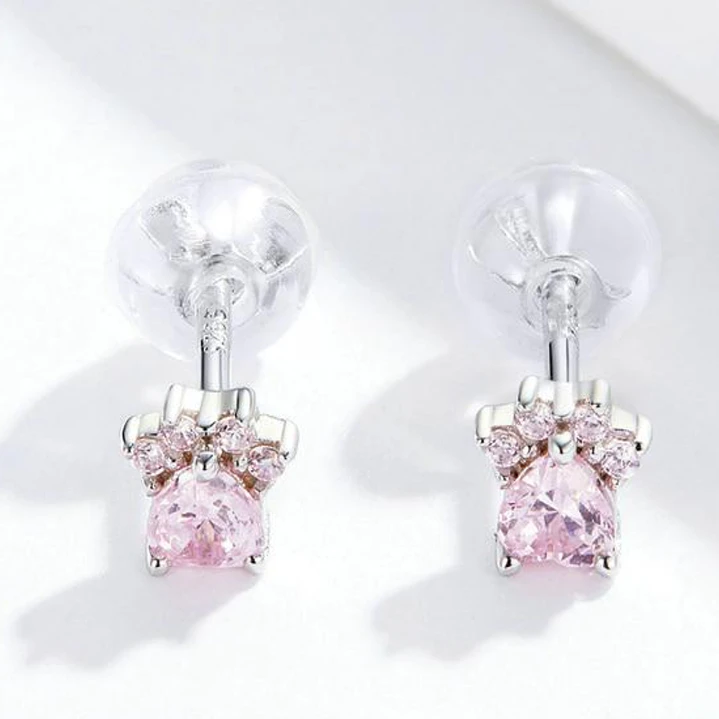 Aros de Plata 925 con Circonita Rosa Huella de Gatito Antialérgicos  3