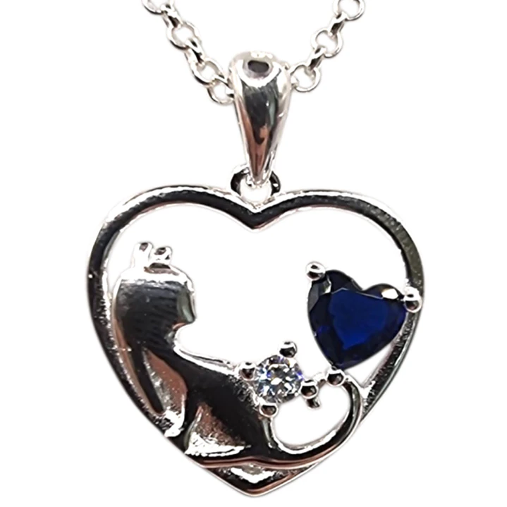 Collar Corazón con Gatito y Circones Azul Zafiro en Plata 925 1