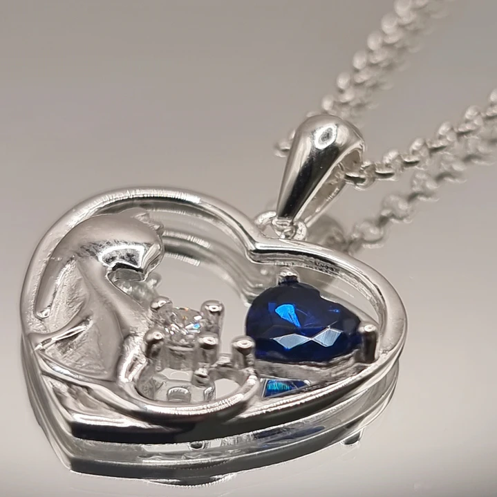 Collar Corazón con Gatito y Circones Azul Zafiro en Plata 925 2