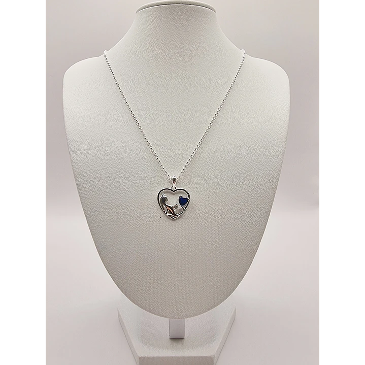 Collar Corazón con Gatito y Circones Azul Zafiro en Plata 925 3