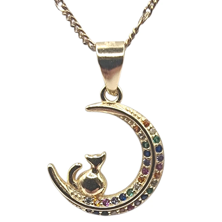 Collar Gatito y Luna en Plata 925 con Circones Multicolor 1