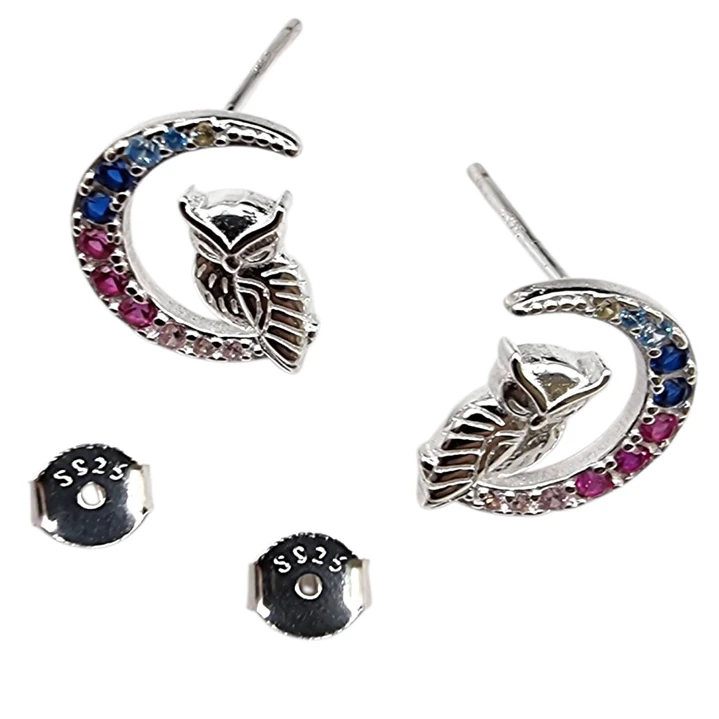 Aros de Media Luna y Búho en Plata 925 con Circones Multicolor 2