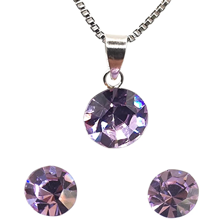 Conjunto Collar y Aros Con Cristal Austriaco Lila en Plata 925  1