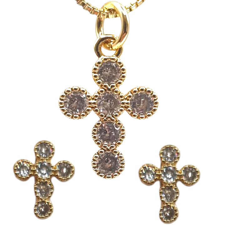 Collar y Aros Cruz Dorado Con Circones Brillantes 1
