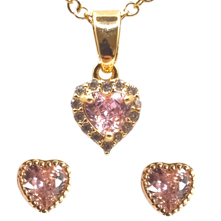 Set Collar y Aros Corazón Rosado Brillante  1