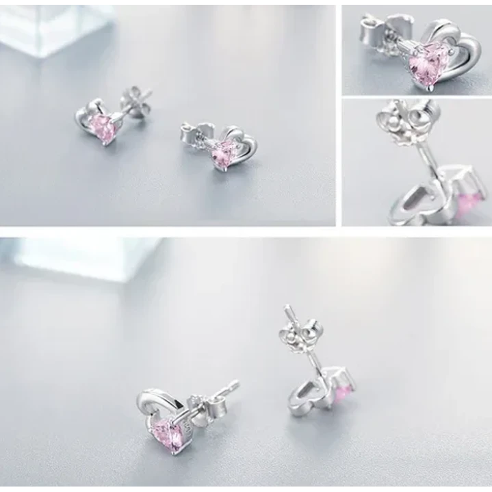 Aros Corazón Circón Rosa en Plata 925  3