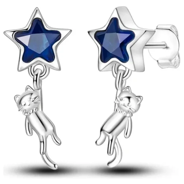 Aros Plata 925 Gatito Colgando de Estrella Azul  1
