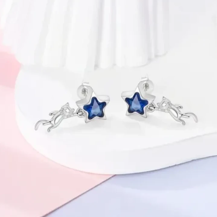 Aros Plata 925 Gatito Colgando de Estrella Azul  4